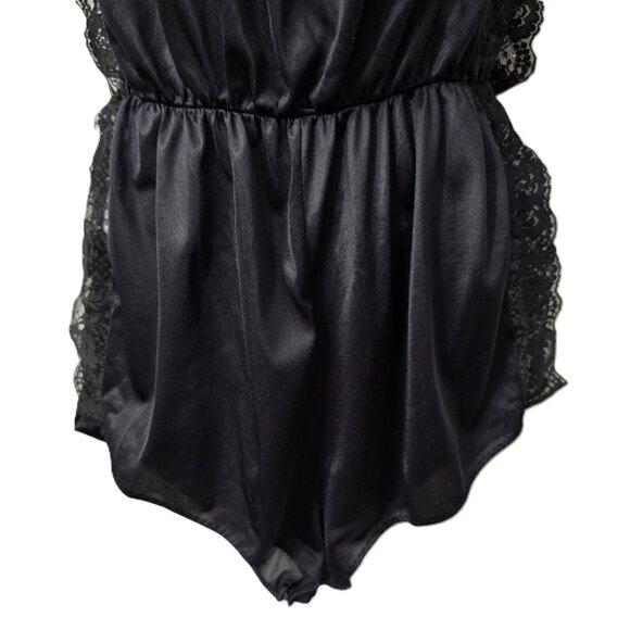 Vintage Nylon Lingerie Teddy Romper L Floral Lace Rosette Ties Black 80s 90s - Picture 8 of 11